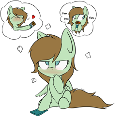 Size: 4000x4000 | Tagged: safe, artist:lofis, imported from derpibooru, oc, oc only, oc:mint chocolate, pegasus, pony, blushing, derp, dialogue, eating, female, looking at something, mare, serious, serious face, sharing, signature, sitting, solo, thinking, thought bubble