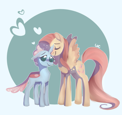 Size: 2805x2627 | Tagged: safe, artist:waackery, imported from derpibooru, fluttershy, ocellus, changedling, changeling, pegasus, pony, school daze, cute, diaocelles, duo, female, fluttermom, heart, mama fluttershy, mare, maternal instinct, motherly, shyabetes, simple background, smiling, spread wings, standing, wings