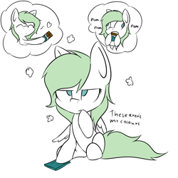 Size: 4000x4000 | Tagged: safe, alternate version, artist:lofis, imported from derpibooru, oc, oc only, oc:emerald jewel, pegasus, pony, chocolate, derp, dialogue, eating, food, looking at something, serious, serious face, sharing, solo, thought bubble