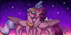 Size: 4000x2000 | Tagged: safe, artist:shimazun, imported from derpibooru, princess celestia, queen novo, alicorn, hippogriff, pony, my little pony: the movie, blushing, chest fluff, eyes closed, female, large wings, lesbian, novolestia, shipping, stars, twilight (astronomy), wings