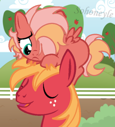 Size: 504x556 | Tagged: safe, artist:sohoneyle, imported from derpibooru, big macintosh, oc, oc:heart apple, pegasus, pony, base used, blank flank, father and daughter, female, filly, hair over one eye, heart apple riding big macintosh, male, offspring, parent:big macintosh, parent:fluttershy, parents:fluttermac, ponies riding ponies, pony hat, riding