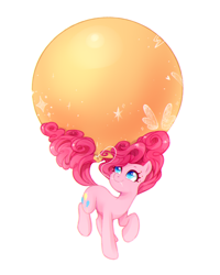 Size: 840x1050 | Tagged: safe, artist:jumblehorse, deleted from derpibooru, imported from derpibooru, pinkie pie, earth pony, pony, horse play, balloon, cute, diapinkes, female, floating, looking up, mare, mouth hold, pinkie being pinkie, pinkie physics, raised hoof, simple background, smiling, solo, sparkles, static electricity, stuck, white background