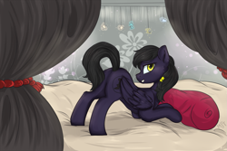 Size: 2129x1424 | Tagged: safe, artist:haruhi-il, imported from derpibooru, oc, oc only, oc:mir, pegasus, pony, fallout equestria, bed, butt, curtains, dashite, digital art, female, looking at you, mare, pillow, plot, solo