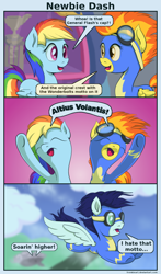 Size: 1116x1900 | Tagged: safe, artist:frenkieart, imported from derpibooru, rainbow dash, soarin', spitfire, pegasus, pony, newbie dash, clothes, comic, dialogue, eyes closed, female, goggles, latin, male, mare, speech bubble, stallion, uniform, wonderbolts uniform