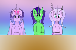 Size: 1500x1000 | Tagged: safe, artist:wonderschwifty, derpibooru exclusive, imported from derpibooru, oc, oc:lily feathers, oc:lovely swirls, oc:wonder sparkle, alicorn, hippogriff, unicorn, gradient background, table, wingless hippogriff