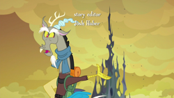 Size: 1280x720 | Tagged: safe, imported from derpibooru, screencap, discord, draconequus, to where and back again, backpack, changeling hive, changeling kingdom, clothes, hive, josh haber, male, opening credits, scarf, solo, spire, yellow sky