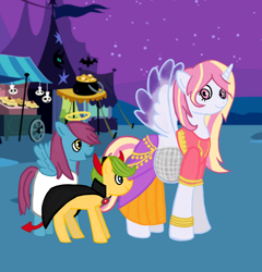 Size: 720x749 | Tagged: safe, artist:rubs, imported from derpibooru, oc, oc:mistral violet, alicorn, earth pony, pegasus, pony, alicorn oc, belly dancer, belly dancer outfit, clothes, colored wings, costume, foal, nightmare night, nightmare night costume, offspring, parent:princess cadance, parent:shining armor, parents:shiningcadance, pregnant