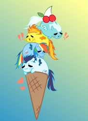 Size: 661x910 | Tagged: safe, artist:soarindash8, imported from derpibooru, fleetfoot, rainbow dash, soarin', spitfire, base used, blob ponies, cute, cutefire, dashabetes, diafleetes, exclamation point, food, gradient background, heart, ice cream, pony pile, soarinbetes, tower of pony, wonderbolts