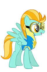 Size: 994x1536 | Tagged: safe, artist:kestrelelk, imported from derpibooru, lightning dust, pegasus, pony, clothes, female, goggles, lead pony badge, mare, simple background, smiling, solo, spread wings, transparent background, uniform, wings, wonderbolt trainee uniform