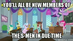 Size: 480x270 | Tagged: safe, edit, edited screencap, imported from derpibooru, screencap, gallus, ocellus, pinkie pie, sandbar, silverstream, smolder, twilight sparkle, twilight sparkle (alicorn), yona, alicorn, changedling, changeling, dragon, griffon, hippogriff, pony, yak, school daze, book, classroom, female, flying, image macro, male, meme, reference, stallion, student six, the big bang theory, x-men