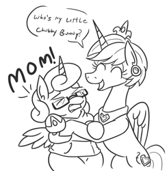 Size: 667x684 | Tagged: safe, artist:jargon scott, imported from derpibooru, princess cadance, princess flurry heart, alicorn, pony, 30 minute art challenge, alternate hairstyle, black and white, chubby, clothes, dialogue, embarrassed, female, glasses, grayscale, hoodie, mare, mom hair, monochrome, mother and daughter, mothers gonna mother, nerd, nerdy heart, older, older flurry heart, speech bubble