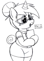 Size: 2176x3000 | Tagged: safe, artist:an-tonio, imported from derpibooru, oc, oc only, oc:silver draw, semi-anthro, arm hooves, bipedal, bow, clothes, cute, folder, freckles, glasses, hair bun, miniskirt, moe, monochrome, ocbetes, secretary, shirt, skirt, skirt suit, solo, suit, tail bow