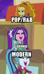 Size: 500x841 | Tagged: safe, edit, edited screencap, imported from derpibooru, screencap, adagio dazzle, aria blaze, sonata dusk, equestria girls, rainbow rocks, comparison, grunge, image macro, meme, text, the dazzlings