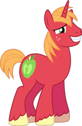 Size: 1019x1550 | Tagged: safe, artist:jeatz-axl, edit, edited edit, editor:slayerbvc, imported from derpibooru, vector edit, big macintosh, pony, unicorn, pinkie apple pie, grin, male, missing accessory, race swap, simple background, smiling, solo, stallion, transparent background, unicorn big mac, vector