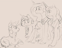 Size: 3300x2550 | Tagged: safe, artist:silfoe, imported from derpibooru, princess cadance, princess celestia, princess luna, twilight sparkle, alicorn, pony, unicorn, nomad au, alicorn triarchy, alternate universe, braid, broken leg, female, mare, monochrome, royal multiverse, royal sisters, simple background, sisters, sketch, splint, unicorn twilight