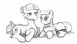 Size: 2253x1284 | Tagged: safe, artist:gsphere, imported from derpibooru, maud pie, mudbriar, earth pony, pony, the maud couple, female, grayscale, male, mare, monochrome, simple background, sketch, stallion, white background