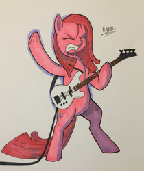 Size: 3024x3600 | Tagged: safe, artist:hypno, imported from derpibooru, pinkie pie, earth pony, pony, bass guitar, bipedal, female, guitar, heavy metal, metal, metal as fuck, musical instrument, pinkamena diane pie, solo, traditional art