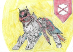 Size: 1169x830 | Tagged: safe, artist:fedetom, artist:pedrortis, imported from derpibooru, oc, oc only, pony, antenna, armor, destiny, guardian, gun, logo, machine gun, pencil drawing, solo, titan, traditional art, weapon