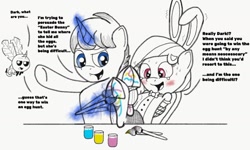 Size: 1478x887 | Tagged: safe, artist:darkknighthoof, imported from derpibooru, oc, oc:beelzebug, oc:darkknighthoof, oc:juniper, arm behind back, blushing, bondage, bowtie, bunny ears, clothes, costume, crossed hooves, crying, dialogue, easter bunny, fetish, fishnets, happy bondage, hoof fetish, hoof tickling, junihoof, laughing, magic, paint, paintbrush, rope, rope bondage, sweat, table, tears of laughter, tickling, unexpected