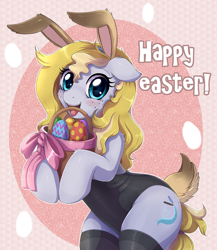 Size: 2000x2300 | Tagged: dead source, safe, artist:evomanaphy, imported from derpibooru, oc, oc only, oc:evo, earth pony, pony, basket, bunny ears, bunny suit, clothes, cute, easter, easter basket, easter egg, female, floppy ears, freckles, holiday, leotard, looking at you, mare, open mouth, smiling, stockings, thigh highs