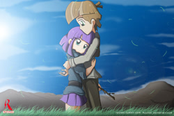 Size: 1500x1000 | Tagged: safe, artist:ryured, imported from derpibooru, boulder (pet), maud pie, mudbriar, twiggy (pet), human, the maud couple, boulder (g4), clothes, female, grass, hug, humanized, male, maudbriar, mountain, mountain range, pants, scenery, shipping, skirt, stick, straight, twiggy