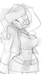 Size: 717x1023 | Tagged: safe, artist:bigdad, imported from derpibooru, sunset shimmer, human, equestria girls, belly button, big breasts, breasts, busty sunset shimmer, clothes, female, humanized, midriff, monochrome, one eye closed, simple background, sketch, solo, white background, wink