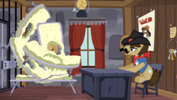 Size: 1366x768 | Tagged: safe, imported from derpibooru, sheriff silverstar, earth pony, pony, appleoosa's most wanted, broken, jail, key, lantern, male, mattress, pile, prison, sheriff, stallion, upset, written equestrian