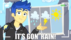 Size: 1536x864 | Tagged: safe, edit, edited screencap, imported from derpibooru, screencap, flash sentry, best trends forever, equestria girls, equestria girls series, camera, family guy, ollie williams, rain, recording, reference, weather