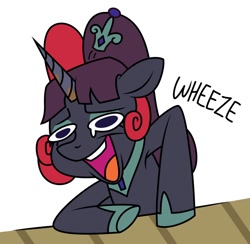 Size: 800x780 | Tagged: safe, artist:tentavamp, imported from derpibooru, oc, oc:princess black dahlia, crystal pony, armpits, base used, clothes, collar, crown, fake horn, jewelry, meme, reaction image, regalia, shitposting, shoes, solo, table, wheeze