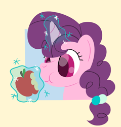 Size: 1116x1167 | Tagged: safe, artist:phat_guy, derpibooru exclusive, imported from derpibooru, sugar belle, pony, unicorn, apple, bitten apple, bust, eating, female, food, frame, glowing horn, herbivore, horn, lineless, magic, mare, portrait, simple background, smiling, solo, telekinesis