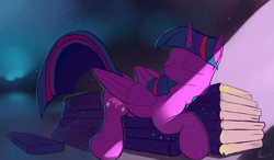 Size: 4011x2350 | Tagged: safe, artist:auroriia, imported from derpibooru, twilight sparkle, alicorn, pony, book, book bed, cute, female, mare, sleeping, smiling, solo, that pony sure does love books, twiabetes, twilight sparkle (alicorn)