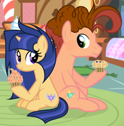 Size: 1744x1768 | Tagged: safe, artist:velveagicsentryyt, imported from derpibooru, oc, oc only, oc:sugar high, oc:sugar high (velvetsentryyt), oc:velvet sentry, earth pony, pony, unicorn, base used, cupcake, duo, female, food, male, mare, next generation, offspring, parent:cheese sandwich, parent:flash sentry, parent:pinkie pie, parent:twilight sparkle, parents:cheesepie, parents:flashlight, sitting, stallion
