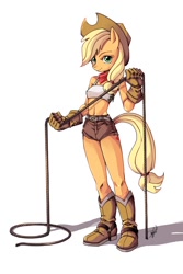 Size: 800x1200 | Tagged: safe, artist:php58, artist:ponykillerx, deleted from derpibooru, imported from derpibooru, applejack, anthro, clothes, cowboy hat, female, gloves, hat, jackboots, looking at you, rope, shawl, shorts, simple background, solo, stetson, white background