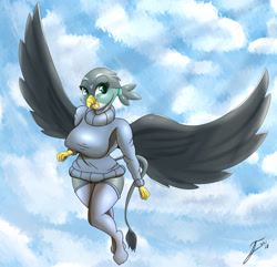 Size: 3759x3629 | Tagged: safe, artist:nexcoyotlgt, imported from derpibooru, gabby, anthro, griffon, breasts, busty gabby, clothes, cute, female, socks, solo, stockings, stupid sexy gabby, sweater, thigh highs, wings