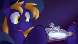 Size: 4800x2700 | Tagged: safe, artist:goat train, imported from derpibooru, oc, oc only, oc:snap feather, oc:star bright, pony, unicorn, comic:growpony grow, bottle, cape, clothes, cosmic wizard, galaxy, giant pony, hat, macro, pony bigger than a galaxy, pony heavier than a black hole, underhoof, wizard hat