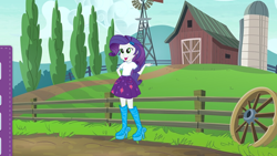 Size: 2208x1242 | Tagged: safe, imported from derpibooru, rarity, equestria girls, equestria girls series, barn, boots, clothes, fashion photo booth, female, fence, high heel boots, open mouth, shoes, silo, skirt, solo, wheel, windmill, wrong eye color