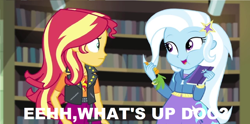 Size: 1024x507 | Tagged: safe, imported from derpibooru, sunset shimmer, trixie, equestria girls, equestria girls series, forgotten friendship, barrette, bugs bunny, carrot, food, looney tunes, meme