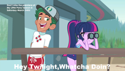 Size: 1024x577 | Tagged: safe, edit, edited screencap, imported from derpibooru, screencap, sci-twi, timber spruce, twilight sparkle, equestria girls, equestria girls series, unsolved selfie mysteries, clothes, lifeguard timber, meme, phineas and ferb, swimsuit