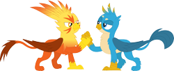 Size: 3588x1464 | Tagged: safe, artist:porygon2z, imported from derpibooru, gallus, oc, oc:blaze, griffon, school daze, clasped hands, duo, looking at each other, simple background, transparent background