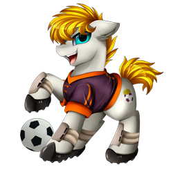 Size: 3518x3509 | Tagged: safe, artist:pridark, imported from derpibooru, oc, oc only, oc:striker, pony, ball, football, open mouth, outfit, simple background, solo, sports, transparent background