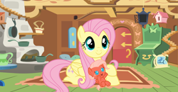 Size: 5976x3112 | Tagged: safe, artist:aurora-light-x, imported from derpibooru, fluttershy, oc, oc:apple blossom, pegasus, pony, baby, baby pony, c:, cute, female, fluttermom, fluttershy's cottage, foal, looking at you, mare, mother and daughter, mothershy, offspring, parent:big macintosh, parent:fluttershy, parents:fluttermac, prone, shyabetes, smiling