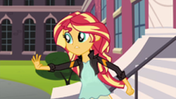 Size: 402x226 | Tagged: safe, edit, edited screencap, imported from derpibooru, screencap, sunset shimmer, equestria girls, friendship games, clothes, female, jacket, leather jacket, pregnant, pregnant edit, solo, teen pregnancy