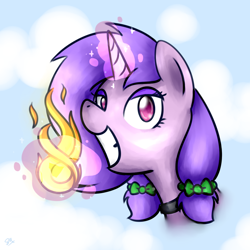 Size: 1024x1024 | Tagged: safe, artist:sugar morning, imported from derpibooru, oc, oc only, oc:flashy quirk, fireball, grin, magic, pigtails, simple background, smiling