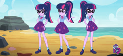 Size: 2304x1053 | Tagged: safe, imported from derpibooru, sci-twi, twilight sparkle, equestria girls, equestria girls series, beach, clothes, equestria girls logo, fashion photo booth, geode of telekinesis, glasses, multeity, one of these things is not like the others, rock, threelight sparkles, trilight, trio, twolight, water