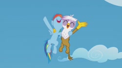 Size: 1920x1080 | Tagged: safe, imported from derpibooru, screencap, gilda, rainbow dash, griffon, pegasus, pony, the lost treasure of griffonstone, chickub, cute, dashabetes, duo, eyes closed, female, filly, flying, junior speedsters chant, singing