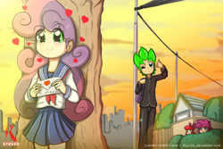 Size: 1500x1000 | Tagged: safe, artist:ryured, imported from derpibooru, apple bloom, scootaloo, spike, sweetie belle, human, :3, blushing, city, clothes, cloud, cutie mark crusaders, evening, female, heart, hiding, hiding in bushes, house, human spike, humanized, love letter, male, sailor uniform, school uniform, shipping, skirt, sky, smiling, spikebelle, straight
