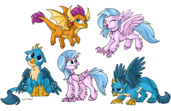 Size: 3001x1945 | Tagged: safe, artist:kaliner123, imported from derpibooru, gallus, silverstream, smolder, changeling, classical hippogriff, dragon, griffon, hippogriff, school daze, season 8, behaving like a dog, cute, diastreamies, doodle, female, flying, gallabetes, male, paw pads, paws, simple background, sitting, smiling, smolderbetes, underpaw, white background