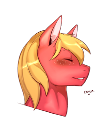 Size: 1129x1265 | Tagged: safe, artist:cold-blooded-twilight, imported from derpibooru, big macintosh, pony, blushing, freckles, male, questionable description, simple background, solo, stallion, transparent background