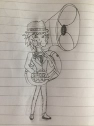Size: 1536x2048 | Tagged: safe, artist:puffedcheekedblower, imported from derpibooru, jazz hands, lined paper, monochrome, musical instrument, solo, sousaphone, traditional art, tuba