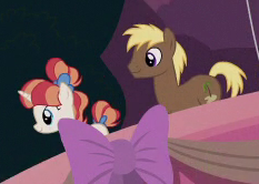 Size: 233x166 | Tagged: safe, imported from derpibooru, screencap, coco crusoe, rainbow stars, the maud couple, triple threat, bow, bridge, cropped, crusoestars, female, male, ponies standing next to each other, shipping, straight